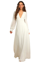 Robe longue unie à manches longues et col en V bouffant en georgette